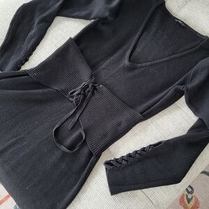 Guess Black Ribbed Knit Dress with Tie Waist